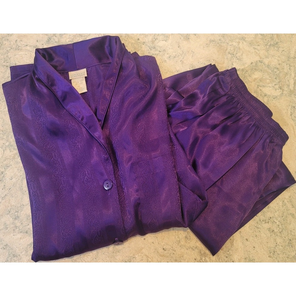 Lingerie Cacique 2 Piece Pajama Set Purple Floral Shiny Long Sleeve Shirt Pants